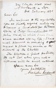 Nicholas Hardcastle 1890. február 3-i levele, amelyben elfogadta a felkérést, hogy a Newcastle upon Tyne állambeli St John