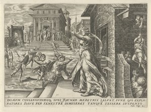 Rahab hagyja, hogy a kémek az ablakon át kiszabaduljanak Joshua története (sorozat címe) alkotó: Harmen Jansz Muller