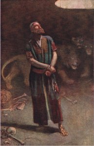 Daniel az oroszlán barlangjában, illusztráció a Pictures That Teach The Crown sorozatból, 1920 alkotó: Harold Copping