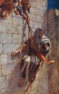 Újszövetség: Pál menekülése Damaszkuszból (színes litográfia) alkotó: Harold Copping