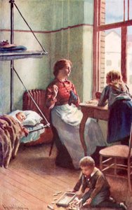 A nyitott ajtók bepillantást engedtek a hazai nyugalomba, egy nappali a kormány ingyenes szállodájában? alkotó: Harold Copping