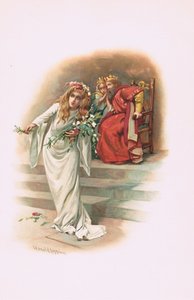 Ophelia a királlyal és a királynővel, illusztráció a Hamletből alkotó: Harold Copping