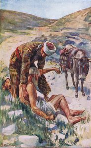 Az irgalmas szamaritánus, illusztráció a Harold Copping Picturesből: The Crown Series, 1920-as évek alkotó: Harold Copping