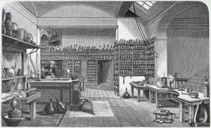 Michael Faraday (1791-1867) alagsori laboratóriumában Henry Bence Jones „Faraday élete és levelei” című művéből, 1870, 1869