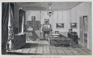 Michael Faraday tanulmánya a The Royal Institution második emeletén, Henry Bence Jones „Faraday élete és levelei” című művéből, 1870-ben, 1869-ben (lásd: 137594)