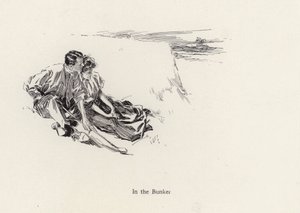 Pár romantikus ölelésben egy bunkerben a golfpályán (litho) alkotó: Harrison Fisher