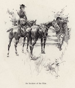 Lovasok megállnak, hogy kinyitják a kaput (litho) alkotó: Harrison Fisher