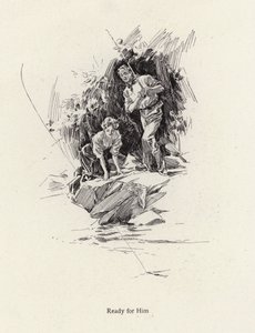Férfi és nő horgászat egy folyóban vagy patakban (litho)
