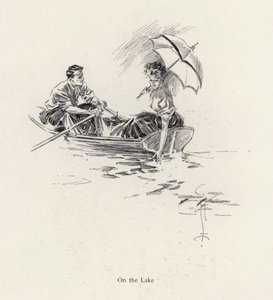 Férfi és nő egy evezős csónakban a tavon (litho)
