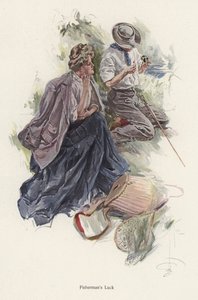Férfi horgász a folyóparton, miközben egy nő néz (színes litó) alkotó: Harrison Fisher