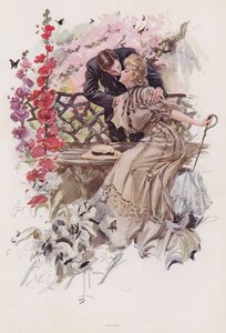 Férfi megcsókol egy nőt a kertben (színes litó)