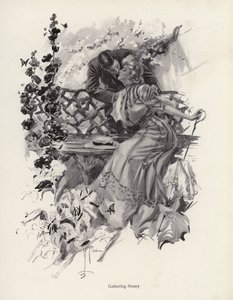 Férfi megcsókol egy nőt a kertben (litho) alkotó: Harrison Fisher