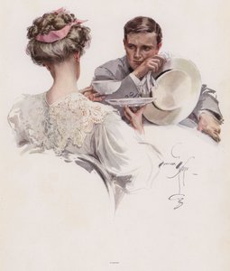 Férfi arra vár, hogy egy nő eláruljon neki egy titkot (színes litó) alkotó: Harrison Fisher