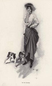 Vidékre öltözött nő portréja a bulldogjával (litho) alkotó: Harrison Fisher