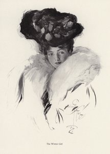 Fiatal nő portréja kalapban és bundában (litho) alkotó: Harrison Fisher