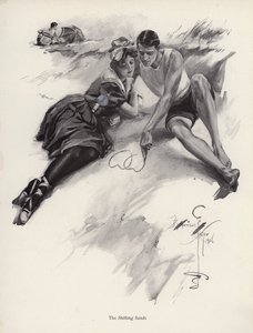 Két szerelmes szíveket rajzol a homokba a tengerparton (litho) alkotó: Harrison Fisher