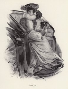 Nő hintón ül a kutyájával (litho) alkotó: Harrison Fisher