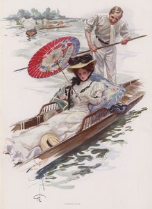 Fiatal amerikai nő, aki egy puntos lovaglást élvez az angol folyón (színes litó) alkotó: Harrison Fisher