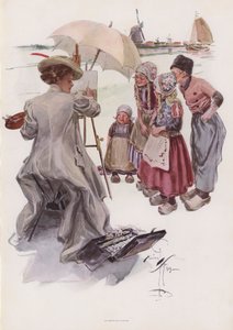 Fiatal amerikai nő holland jelenetet fest (színes litó) alkotó: Harrison Fisher