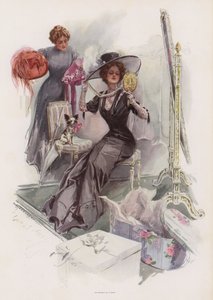 Fiatal amerikai nő kalapot próbál fel egy francia kalaposnál (színes litho) alkotó: Harrison Fisher
