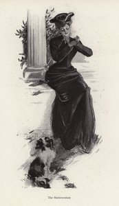 Fiatal nő és a kutyája arra vár, hogy lovagolni menjen (litho) alkotó: Harrison Fisher