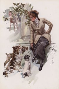 Fiatal nő a lovaglás szokásában, kutyáival ülve (színes litho) alkotó: Harrison Fisher