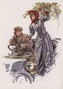 Fiatal nő almát szed egy autóból (színes litográfia) alkotó: Harrison Fisher