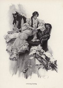 Fiatal nő kap egy csokor virágot és egy levelet egy csodálójától (litho) alkotó: Harrison Fisher