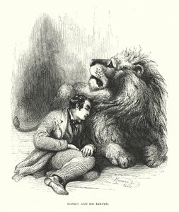 Oroszlán és őrzője (metszet) alkotó: Harrison William Weir