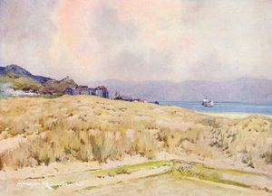 Golfpályák: Aberdovey, a falu a második pályáról (színes litográfia)