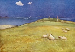 Golfpályák: Gullane, a hatodik zöld és a hetedik tee (színes litho)