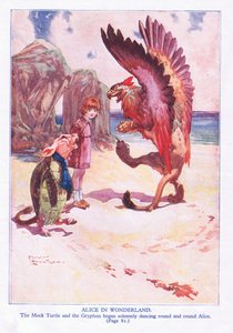 A színlelt teknős és Gryphon ünnepélyesen szembefordult Alice-szel (színes litó)