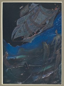 Illusztráció, amely egy hajót ábrázol a tengeren, és alatta halat. alkotó: Harry Clarke