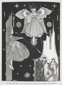 "Ebben a pillanatban előbújt a fiatal tündér az akasztók mögül." Illusztráció a „Csipkerózsika az erdőben” című történethez. alkotó: Harry Clarke