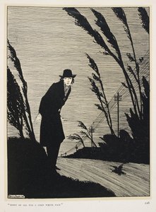 Fekete és fehér. „Minden közepette egy hideg fehér arc volt.” Feketébe öltözött férfi; távíróoszlopok sora. alkotó: Harry Clarke