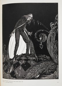De a szív sok percig tompa hanggal dobogott. Illusztráció a novellához, „az árulkodó szív”. A narrátor megfojtja az öreget a saját ágyában. alkotó: Harry Clarke