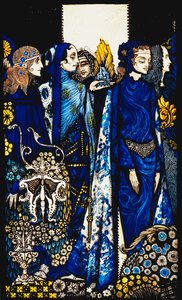 Etain, Helen, Maeve és Fand, Golden Deirdre gyengéd keze. "Queens", kilenc üvegtábla savazva, foltos és festett, J. M. Synge költeményét illusztrálva, 1917 alkotó: Harry Clarke