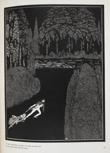 A vízhez vezető fáradságos útja során félelmei megkétszereződnek vele. Illusztráció a „Marie Roget rejtélye” című történethez. alkotó: Harry Clarke