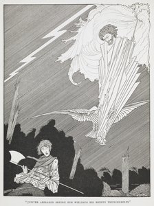 – Jupiter megjelent előtte hatalmas villámcsapásait hadonászva. Illusztráció a "nevetséges kívánságokhoz". alkotó: Harry Clarke