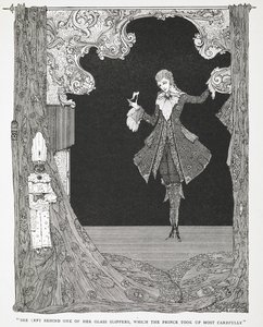 "Meghagyta az egyik üvegpapucsát, amelyet a herceg a leggondosabban vett fel." Illusztráció a történethez: Hamupipőke vagy A kis üvegpapucs. alkotó: Harry Clarke