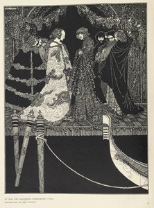 „Ez volt a Marchesa Aphrodité – egész Velence imádata”. Illusztráció a „kiosztás” című történethez. alkotó: Harry Clarke