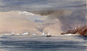 Jéghegyek a Horn-foknál (Chile), a HMS Tribune sziluettjével. Harry Edmund Edgell (1809-1876) ellentengernagy festménye, akvarell 1856. alkotó: Harry Edmond Edgell