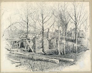 Rajz, Gaines malmának jelenlegi képe, kelet felé nézve, 1885 alkotó: Harry Fenn