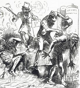 Karikatúra, amely a Temzét és a Lea folyót ábrázolja, amint megtámadják koszos állapotuk miatt alkotó: Harry Furniss