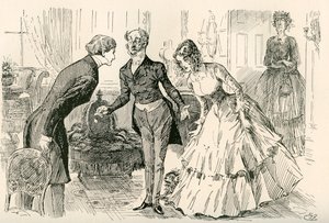 David találkozik Dorával és Miss Murdstone-nal. "Mr. Copperfield, Dora lányom és Dora lányom bizalmas barátja, Miss Murdstone!". Harry Furniss illusztrációja Charles Dickens David Copperfield-regényéhez, a The Testimonial Editionból, 19. alkotó: Harry Furniss