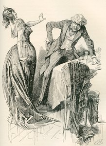 Edith és Mr. Carker. "A férfi vidáman közeledett feléje, amikor a nő egy pillanat alatt felkapta a kést az asztalról, és egy lépést hátrafelé indult. "Állj meg, különben megöllek!" Harry Furniss illusztrációja a Charles Dickens-regény