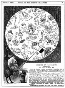 A Parlament lényege: Az 1883-as Országgyűlés első ülésének megnyitóját jelző karikatúra (fametszet) alkotó: Harry Furniss
