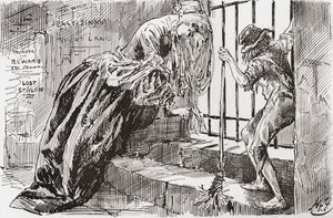 Lady Dedlock és Jo. – Odarakták – mondja Jo, a rácsokhoz kapaszkodva benéz, miközben Lady Dedlock összehúzódik a sarokba. Harry Furniss illusztrációja Charles Dickens Bleak House című regényéhez, a The Testimonial Editionból, 1910-ben.