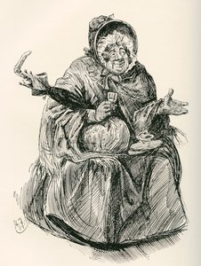 Mrs. Gamp. Harry Furniss illusztrációja Charles Dickens Martin Chuzzlewit című regényéhez, a The Testimonial Editionból, 1910-ben. alkotó: Harry Furniss