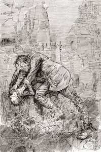Pip küzdelme a szökött elítélttel. " alkotó: Harry Furniss